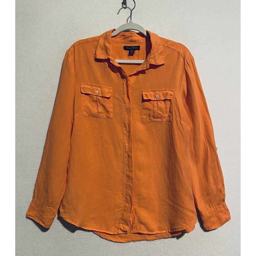 Tommy Bahama Top Womens S Two Palms Linen Shirt Button Up Long Sleeve Orange